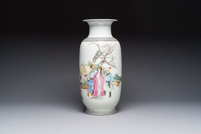 A Chinese famille rose vase with figural design, Qianlong mark, 20th C.