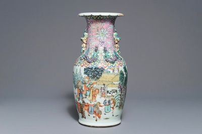 A Chinese famille rose vase with figures in a landscape, 19th C.