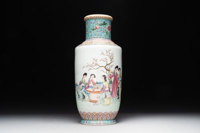 A Chinese famille rose vase with ladies in a garden, Qianlong mark, 20th C.