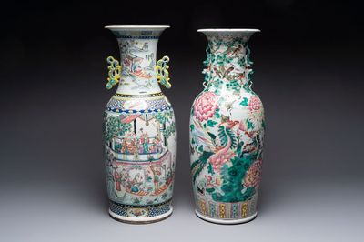 A Chinese famille rose vase with narrative design and a 'phoenixes' vase, 19th C.