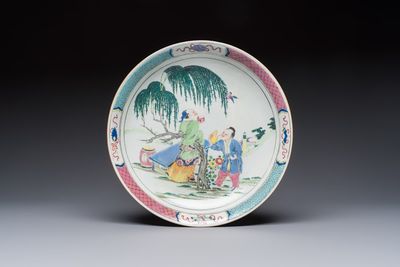 A Chinese famille rose 'Wine Drinking Sage and Attendant' dish, Yongzheng