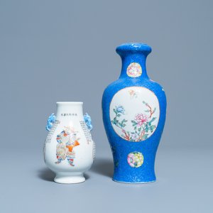 A Chinese famille rose 'Wu Shuang Pu' vase and a blue sgraffiato-ground vase, 19/20th C. — 照片 1