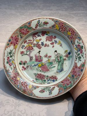 A Chinese famille rose 'Xi Xiang Ji' plate, a 'Rooster' saucer, and a 'Lowestoft' covered teapot, Yongzheng/Qianlong — photo 1