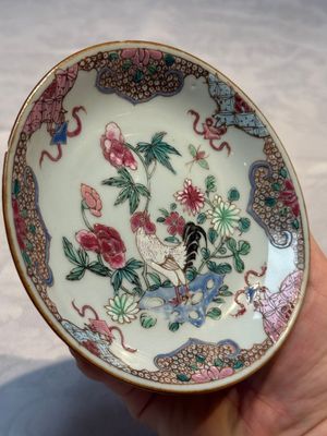 A Chinese famille rose 'Xi Xiang Ji' plate, a 'Rooster' saucer, and a 'Lowestoft' covered teapot, Yongzheng/Qianlong — photo 9