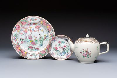 A Chinese famille rose 'Xi Xiang Ji' plate, a 'Rooster' saucer, and a 'Lowestoft' covered teapot, Yongzheng/Qianlong