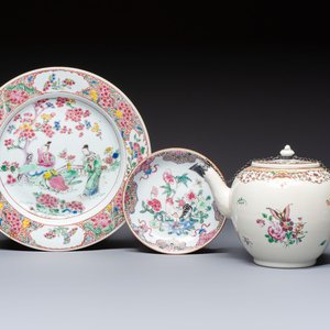 A Chinese famille rose 'Xi Xiang Ji' plate, a 'Rooster' saucer, and a 'Lowestoft' covered teapot, Yongzheng/Qianlong — photo 1