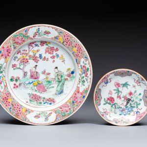 A Chinese famille rose 'Xi Xiang Ji' plate, a 'Rooster' saucer, and a 'Lowestoft' covered teapot, Yongzheng/Qianlong — photo 2