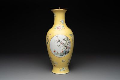 A Chinese famille rose yellow-ground baluster vase, Ju Ren Tang 居仁堂製 mark, Republic