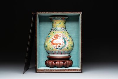 A Chinese famille rose yellow-ground 'dragon and phoenix' vase and a fitted box, Qianlong mark, Republic