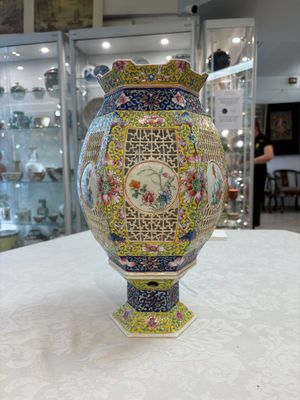 A Chinese famille rose yellow-ground hexagonal lantern and stand, Republic — photo 1