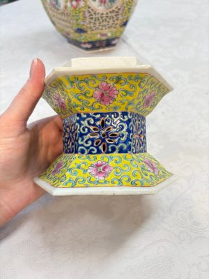 A Chinese famille rose yellow-ground hexagonal lantern and stand, Republic — photo 13