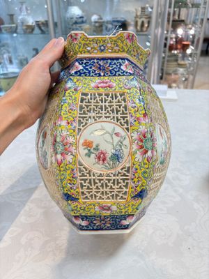 A Chinese famille rose yellow-ground hexagonal lantern and stand, Republic — photo 2