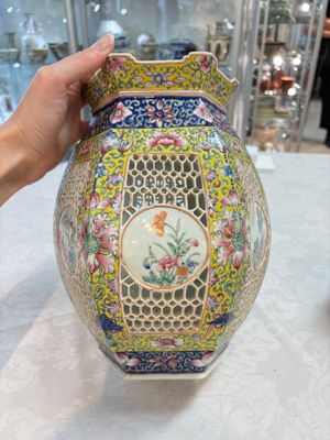 A Chinese famille rose yellow-ground hexagonal lantern and stand, Republic — photo 3