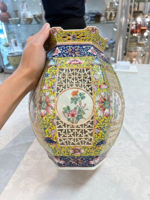 A Chinese famille rose yellow-ground hexagonal lantern and stand, Republic — photo 4