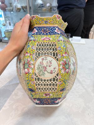 A Chinese famille rose yellow-ground hexagonal lantern and stand, Republic — photo 5