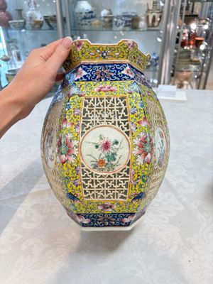 A Chinese famille rose yellow-ground hexagonal lantern and stand, Republic — photo 6