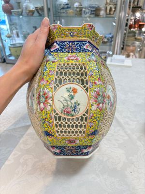 A Chinese famille rose yellow-ground hexagonal lantern and stand, Republic — photo 7