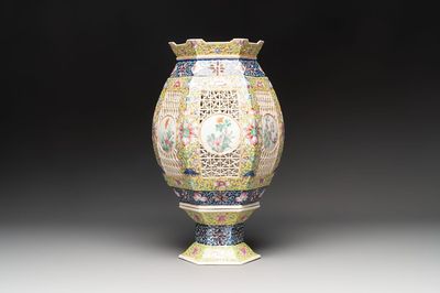 A Chinese famille rose yellow-ground hexagonal lantern and stand, Republic