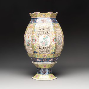 A Chinese famille rose yellow-ground hexagonal lantern and stand, Republic — photo 1