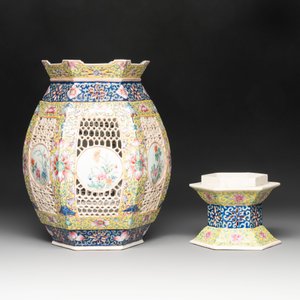 A Chinese famille rose yellow-ground hexagonal lantern and stand, Republic — photo 5