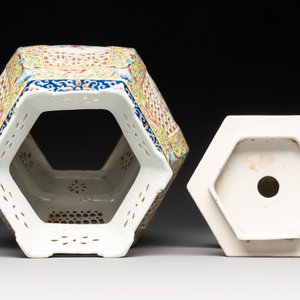 A Chinese famille rose yellow-ground hexagonal lantern and stand, Republic — photo 7