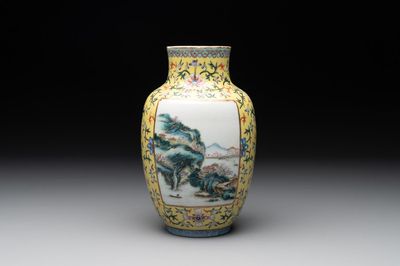 A Chinese famille rose yellow-ground lantern-shaped 'landscape' vase, Qianlong mark, Republic
