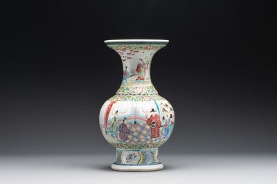 A Chinese famille rose yellow-ground vase with narrative design, Yongzheng