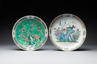 A Chinese famille verte and a famille rose dish with birds among blossom branches, 19th C.