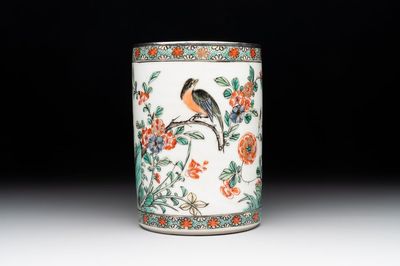 A Chinese famille verte 'bird and flowers' brush pot with silver mount, Kangxi