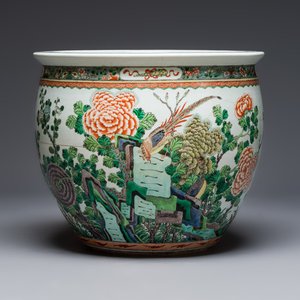 A Chinese famille verte 'Birds among Flowering Branches' fish bowl or jardinière, 19th C. — photo 1