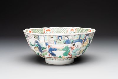 A Chinese famille verte bowl with narrative design, Fu 福 mark, Kangxi