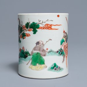 A Chinese famille verte brush pot on wooden stand, Kangxi — 照片 5