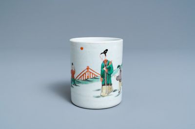 A Chinese famille verte brush pot with figures in a landscape, Kangxi