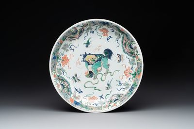 A Chinese famille verte 'Buddhist lion' dish, lingzhi mark, Kangxi