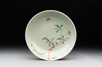 A Chinese famille verte celadon-glazed plate, Jiajing mark, Kangxi/Yongzheng