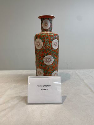 A Chinese famille verte coral-red-ground rouleau vase with flower scrolls, Kangxi — photo 1