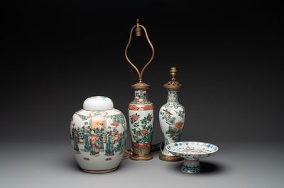 A Chinese famille verte covered jar, two vases mounted as lamps and a tazza, 19th C.