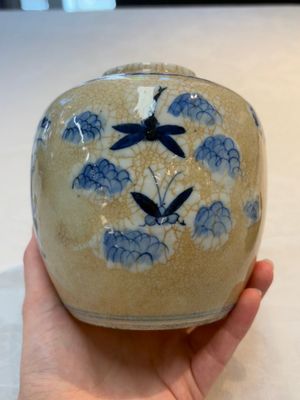 A Chinese famille verte covered vase, a pair of blue and white jars on wooden stands and two jars, 19th C. — photo 26