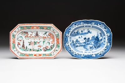 A Chinese famille verte dish and a blue and white dish, Kangxi/Qianlong