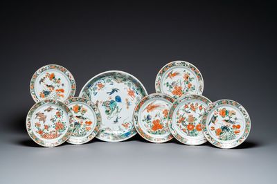 A Chinese famille verte dish and six plates, Kangxi