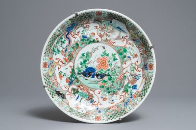 A Chinese famille verte dish with birds and mythical animals, Kangxi