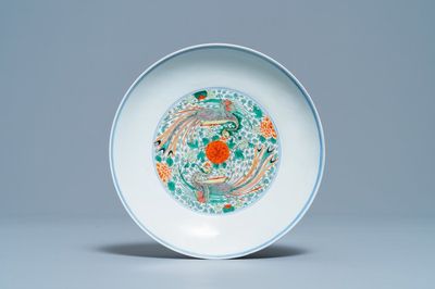 A Chinese famille verte 'double phoenix' plate, Chenghua mark, Kangxi