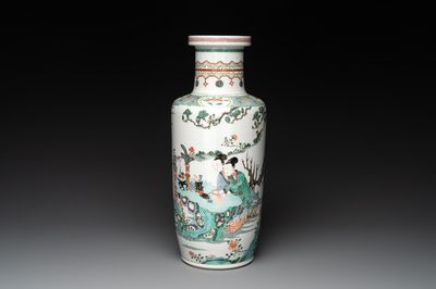 A Chinese famille verte 'Er Qiao Bing Du 二喬并讀‘ rouleau vase, Chenghua mark, 20th C.