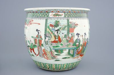 A Chinese famille verte fish bowl with figures, 19th C.
