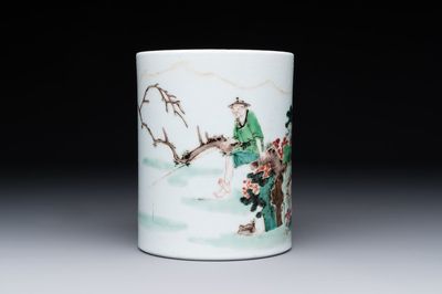 A Chinese famille verte 'fisherman' brush pot, 19th C.