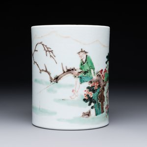 A Chinese famille verte 'fisherman' brush pot, 19th C. — foto 1