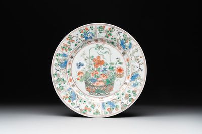 A Chinese famille verte 'flower basket' dish, ding mark, Kangxi