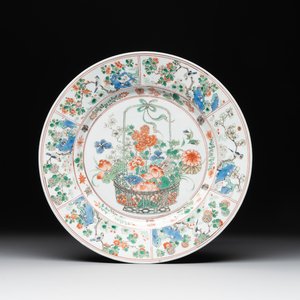 A Chinese famille verte 'flower basket' dish, ding mark, Kangxi — photo 1