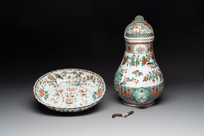 A Chinese famille verte fountain and basin with birds among flowering branches, Kangxi