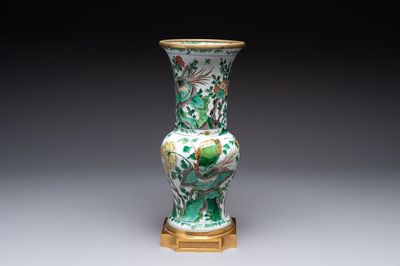 A Chinese famille verte gilt-bronze-mounted 'yenyen' vase with pheasants among flowering branches, Kangxi